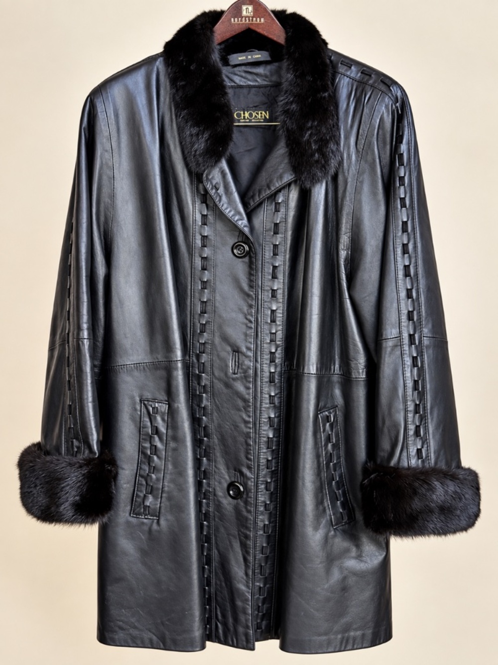 CHOSEN Couture Black Leather Coat Genuine Mink Fur Collar Cuffs Vintage- Size L
